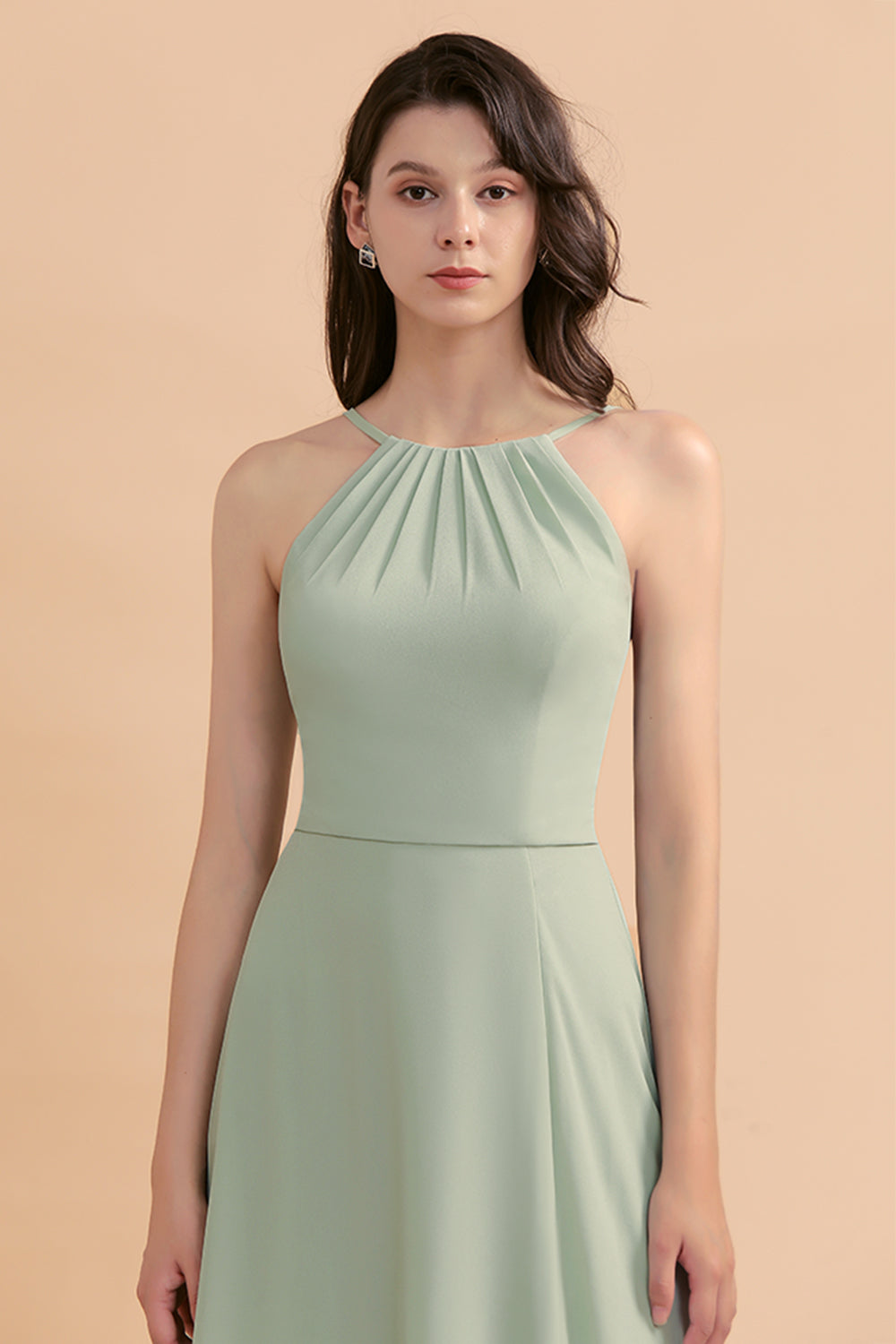 Stylish Jewel Sleeveless Dusty Sage Chiffon Bridesmaid Dress with Ruffles-Babyonlines