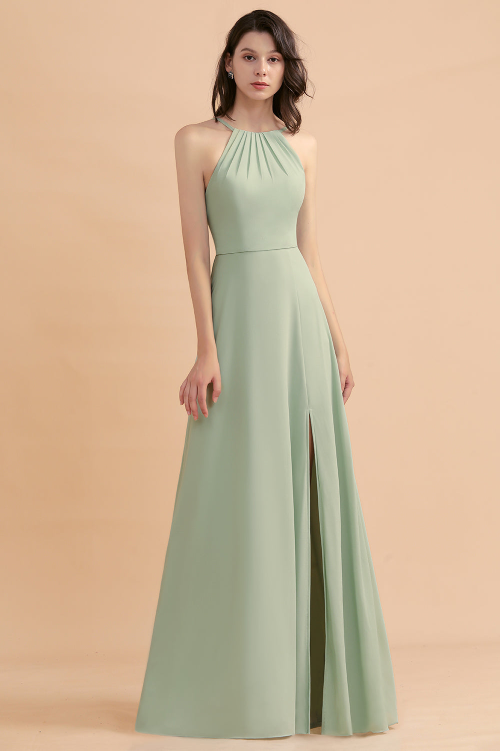 Stylish Jewel Sleeveless Dusty Sage Chiffon Bridesmaid Dress with Ruffles-Babyonlines