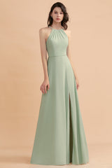 Stylish Jewel Sleeveless Dusty Sage Chiffon Bridesmaid Dress with Ruffles-Babyonlines