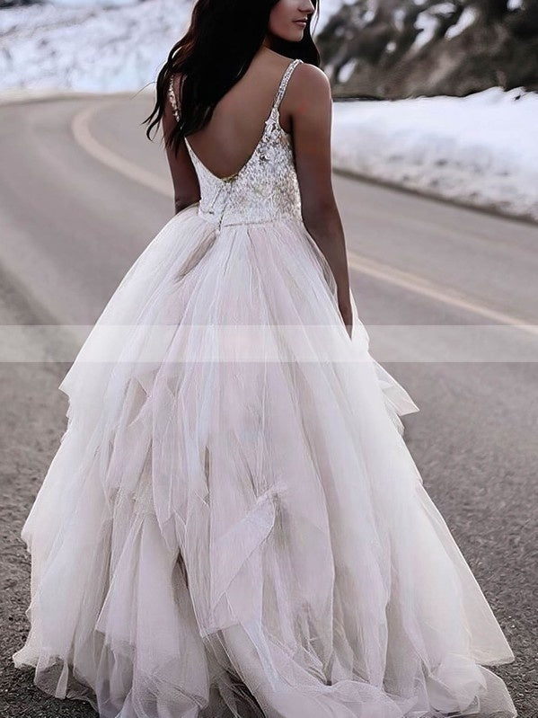 V-neck Ball Gown Wedding Dress with Appliques and Tulle Skirt