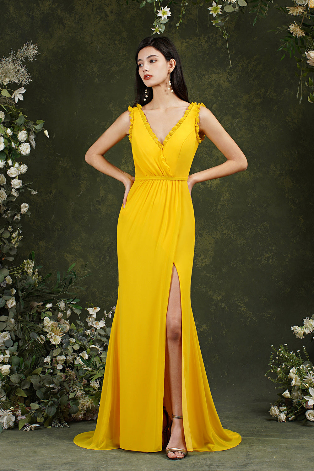 V-Neck Bridesmaid Dress Chiffon With Slit-Babyonlines
