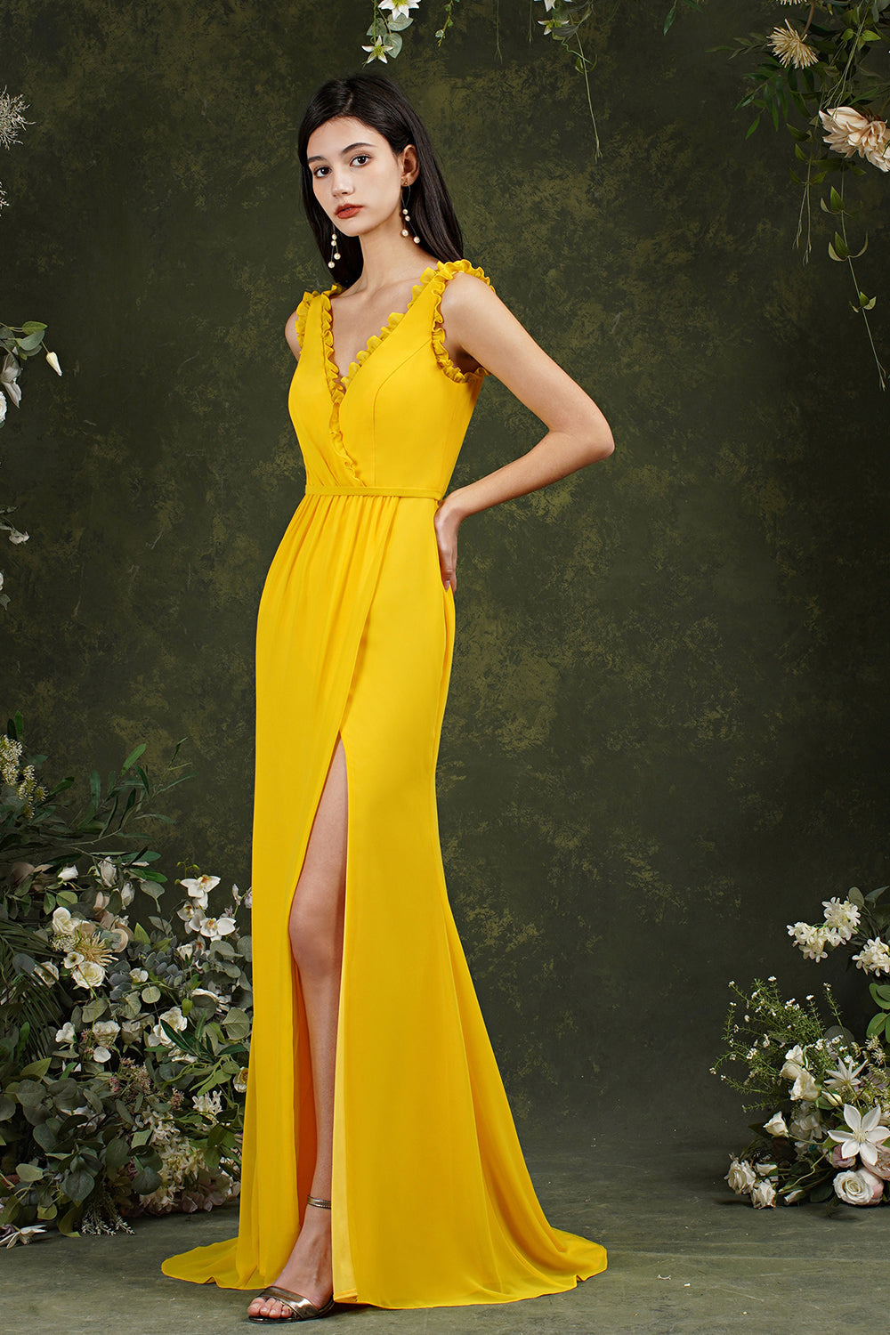 V-Neck Bridesmaid Dress Chiffon With Slit-Babyonlines