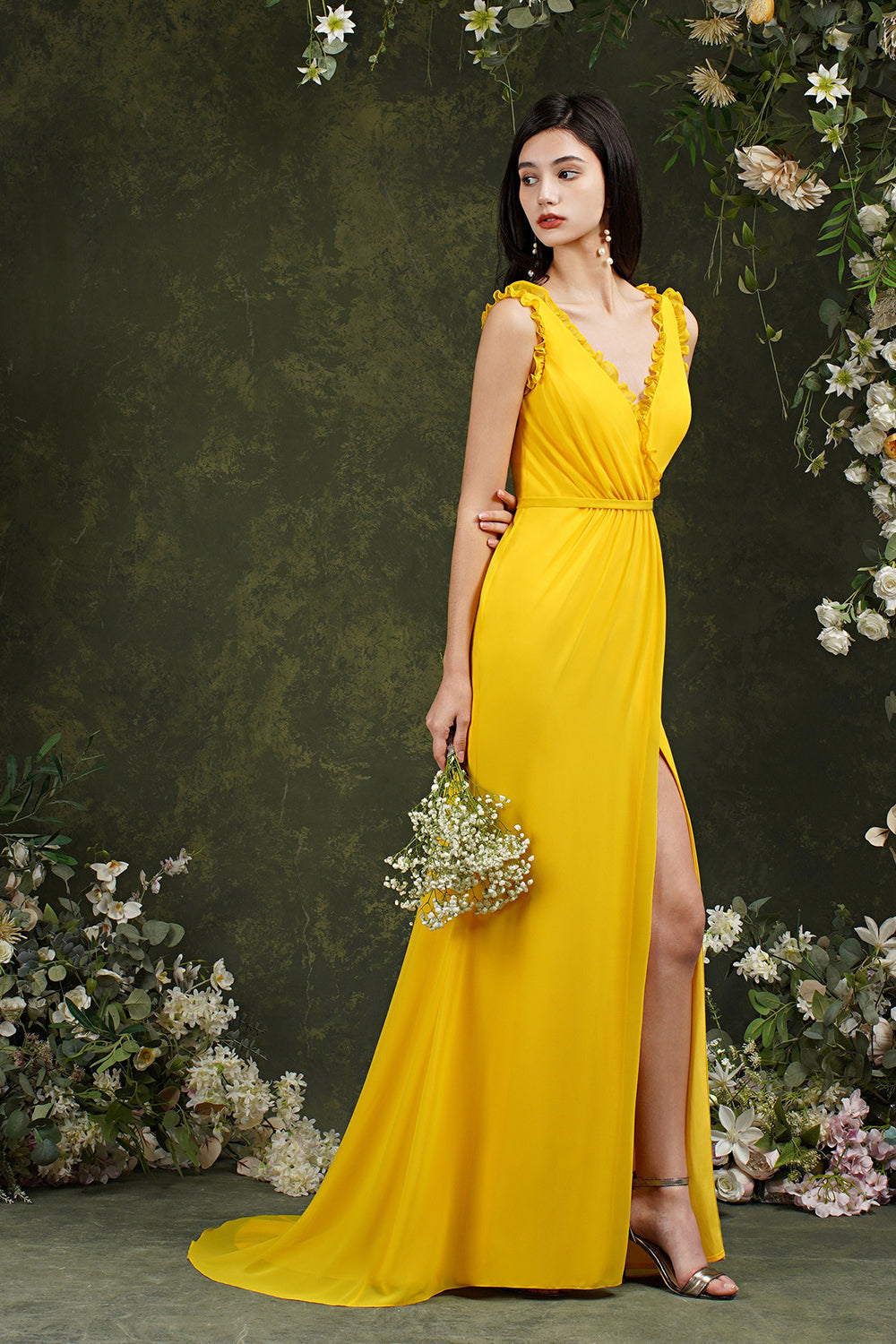 V-Neck Bridesmaid Dress Chiffon With Slit-Babyonlines