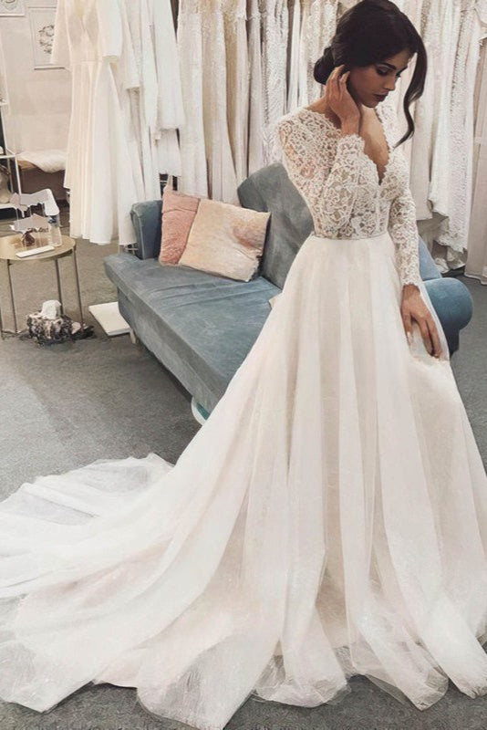 V-neck Glitter Sweep Train Wedding Gown With Appliques Lace