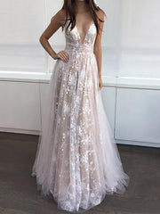 V-neck Lace Tulle Ball Gown Princess Prom Dresses
