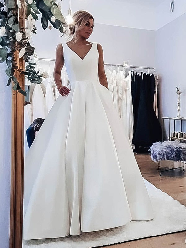 V-neck Satin Ball Gown Wedding Dress with Pockets and Sweep Train