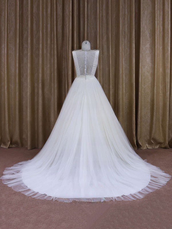 V-neck Tulle Court Train Wedding Dress with Flower(s) - Ball Gown Style