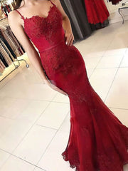 V-neck Tulle Lace Appliques Trumpet/Mermaid Sweep Train Prom Dress
