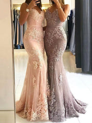 V-neck Tulle Lace Appliques Trumpet/Mermaid Sweep Train Prom Dress