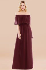Vintage Off-the-Shoulder Long Burgundy Bridesmaid Dress with Ruffle-Babyonlines
