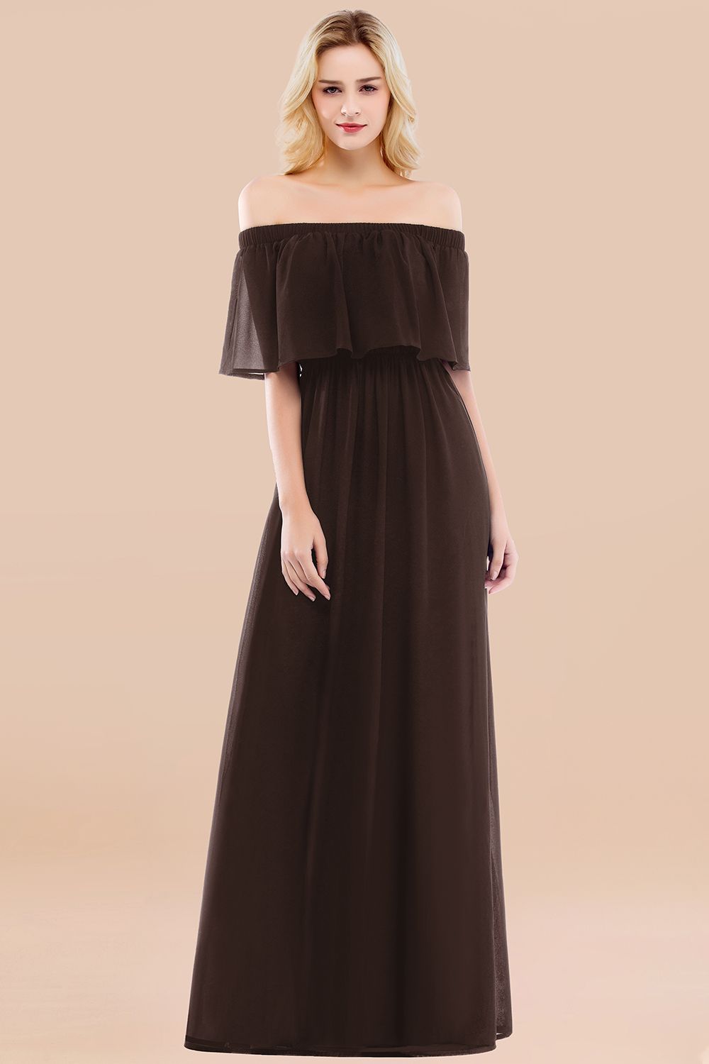 Vintage Off-the-Shoulder Long Burgundy Bridesmaid Dress with Ruffle-Babyonlines