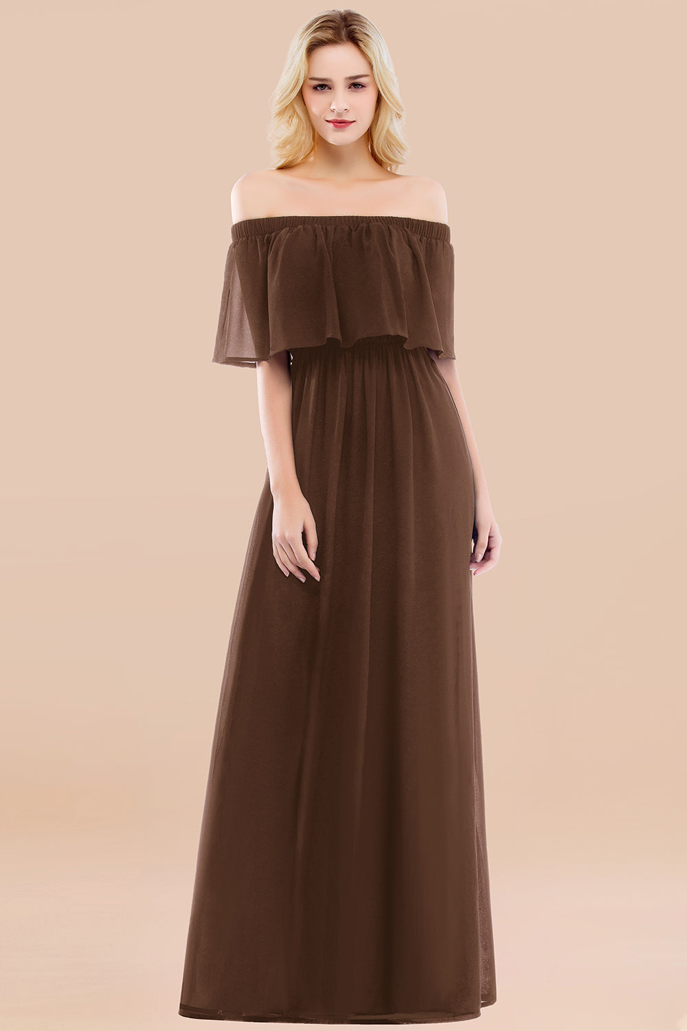 Vintage Off-the-Shoulder Long Burgundy Bridesmaid Dress with Ruffle-Babyonlines