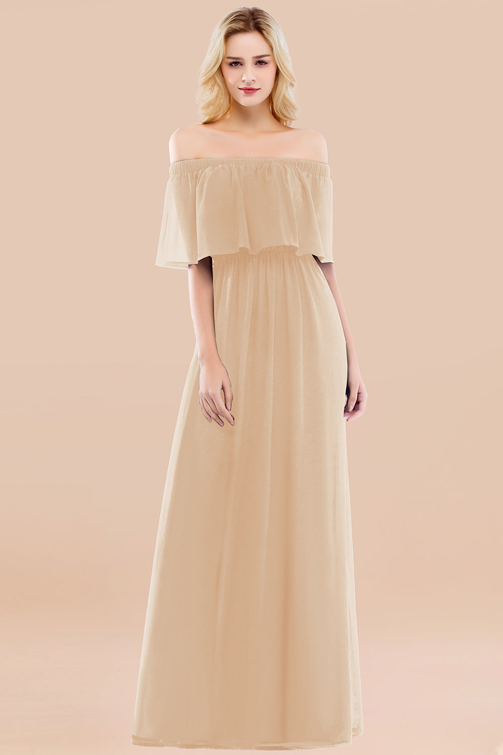 Vintage Off-the-Shoulder Long Burgundy Bridesmaid Dress with Ruffle-Babyonlines