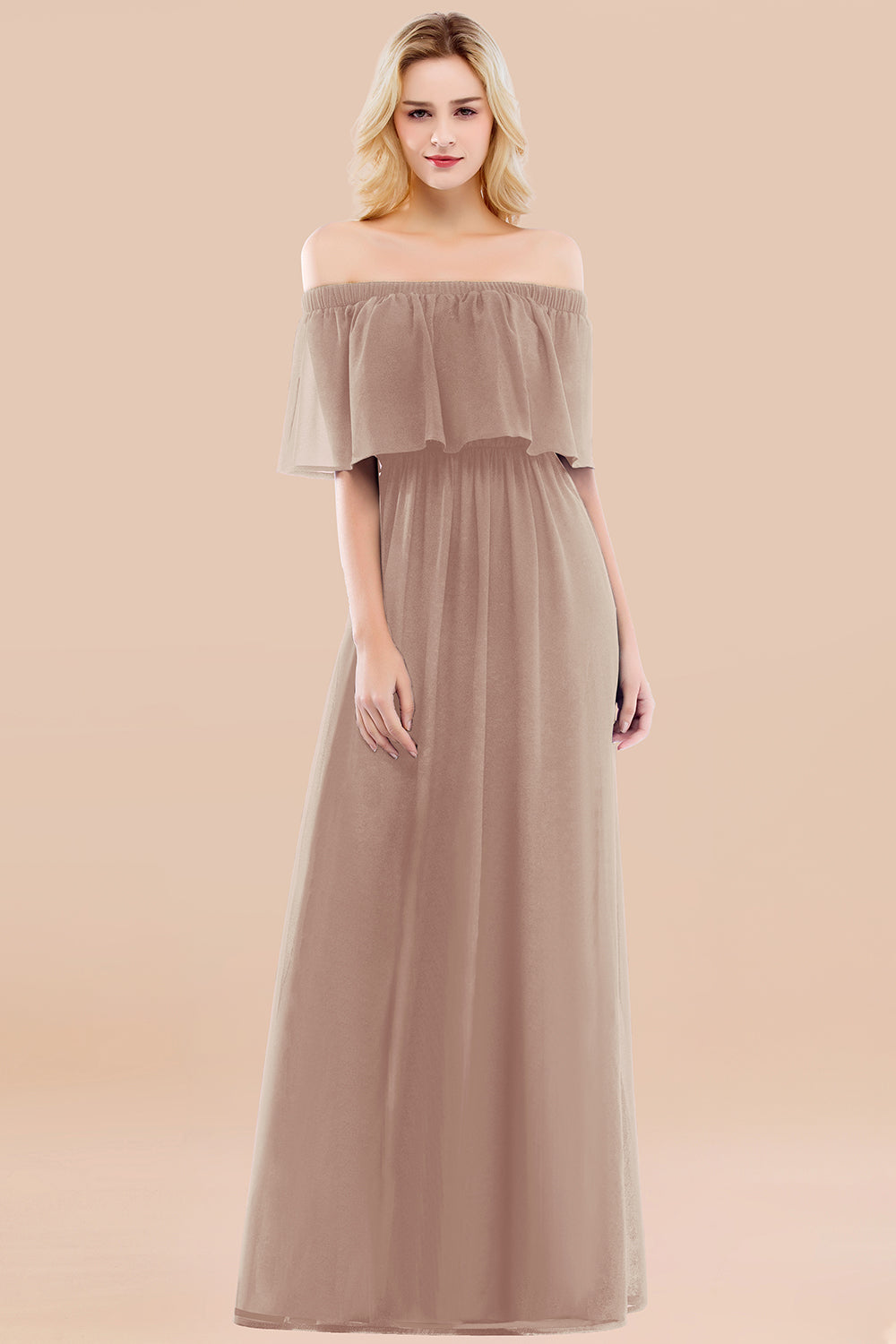 Vintage Off-the-Shoulder Long Burgundy Bridesmaid Dress with Ruffle-Babyonlines