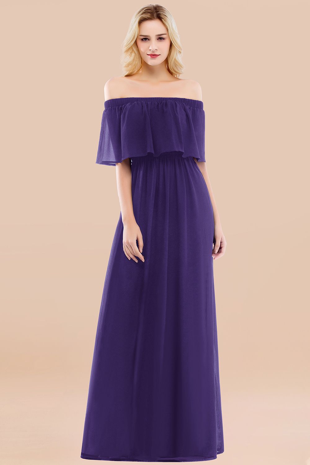 Vintage Off-the-Shoulder Long Burgundy Bridesmaid Dress with Ruffle-Babyonlines