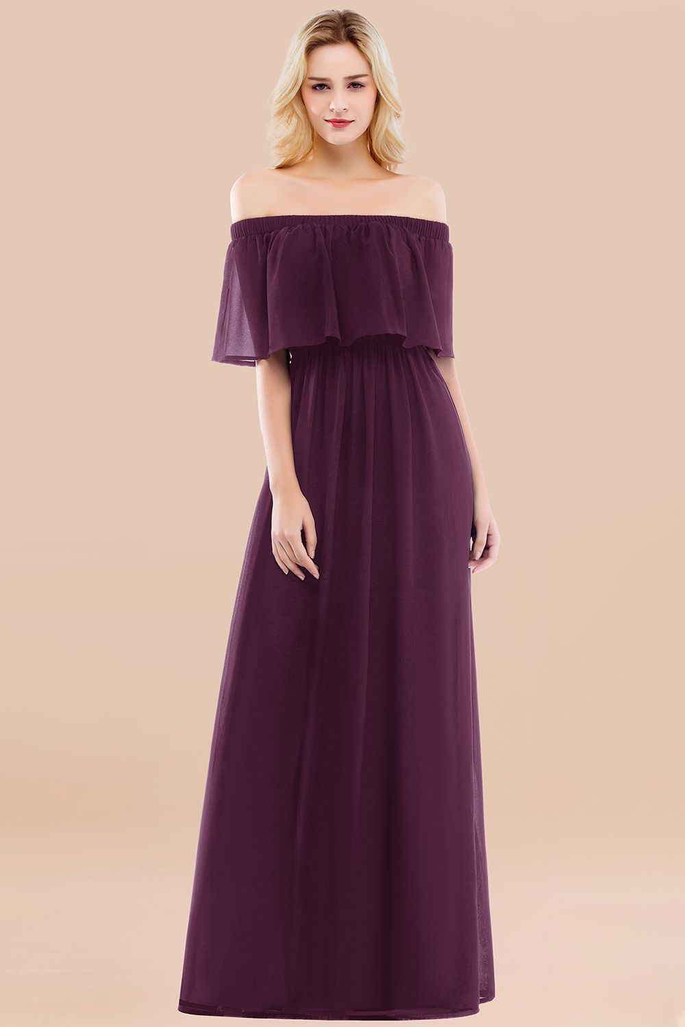 Vintage Off-the-Shoulder Long Burgundy Bridesmaid Dress with Ruffle-Babyonlines