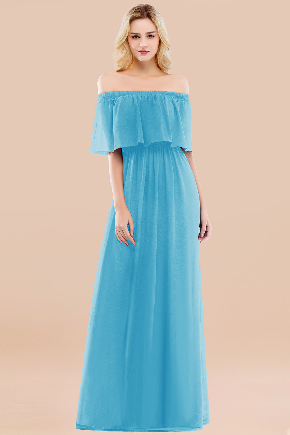 Vintage Off-the-Shoulder Long Burgundy Bridesmaid Dress with Ruffle-Babyonlines