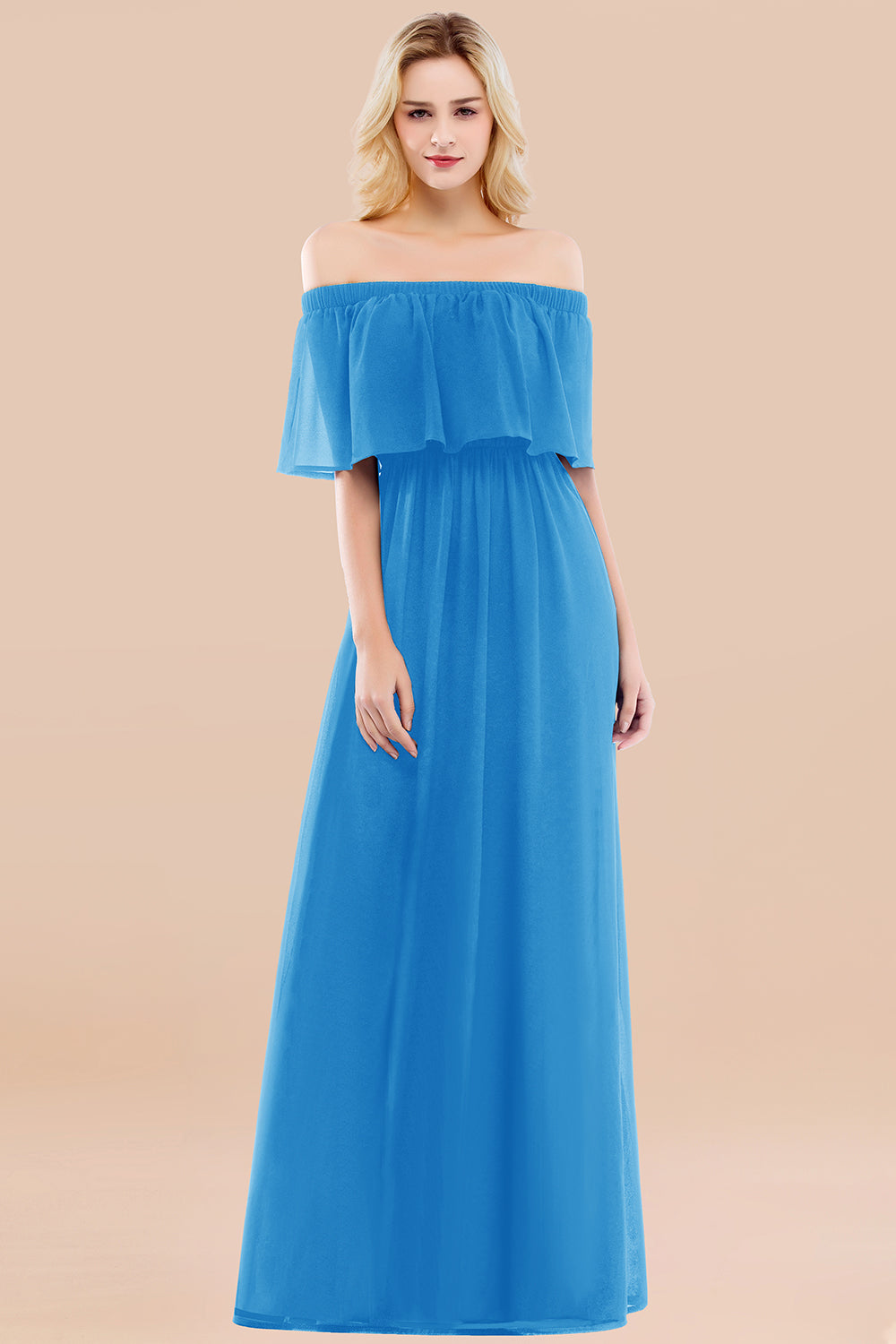 Vintage Off-the-Shoulder Long Burgundy Bridesmaid Dress with Ruffle-Babyonlines