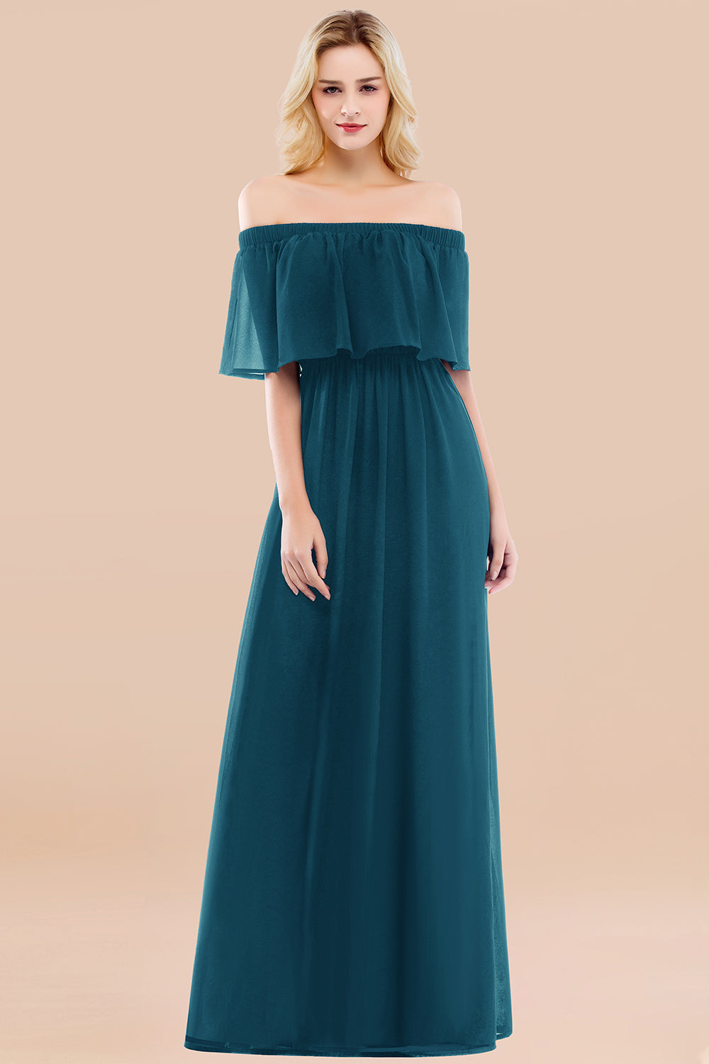 Vintage Off-the-Shoulder Long Burgundy Bridesmaid Dress with Ruffle-Babyonlines