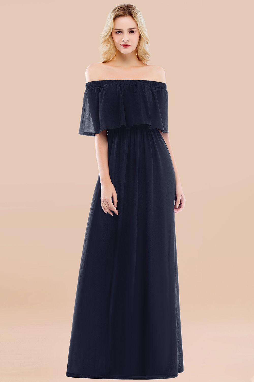 Vintage Off-the-Shoulder Long Burgundy Bridesmaid Dress with Ruffle-Babyonlines