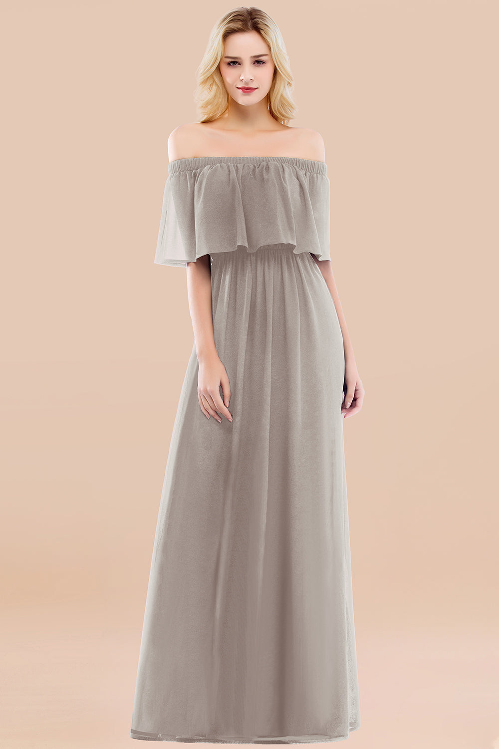 Vintage Off-the-Shoulder Long Burgundy Bridesmaid Dress with Ruffle-Babyonlines