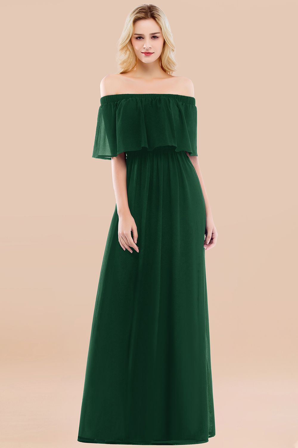 Vintage Off-the-Shoulder Long Burgundy Bridesmaid Dress with Ruffle-Babyonlines
