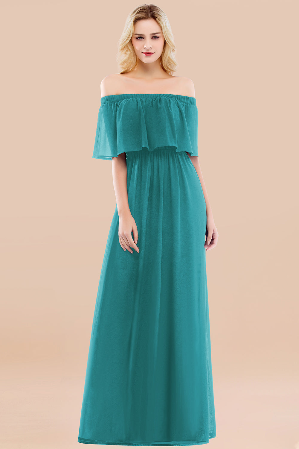 Vintage Off-the-Shoulder Long Burgundy Bridesmaid Dress with Ruffle-Babyonlines