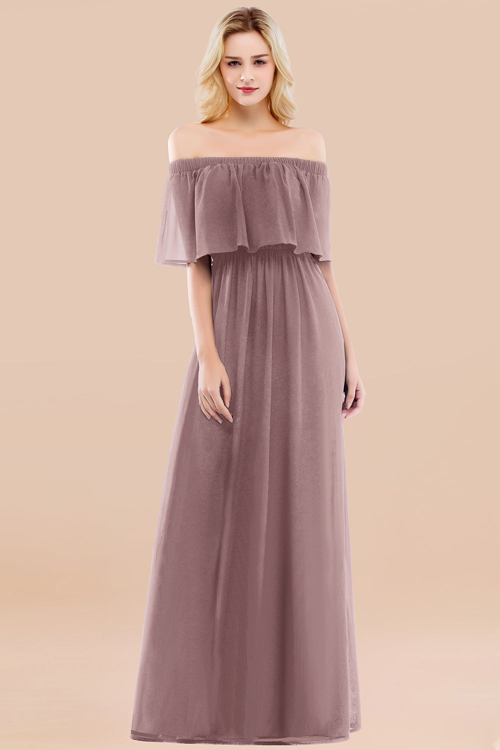 Vintage Off-the-Shoulder Long Burgundy Bridesmaid Dress with Ruffle-Babyonlines