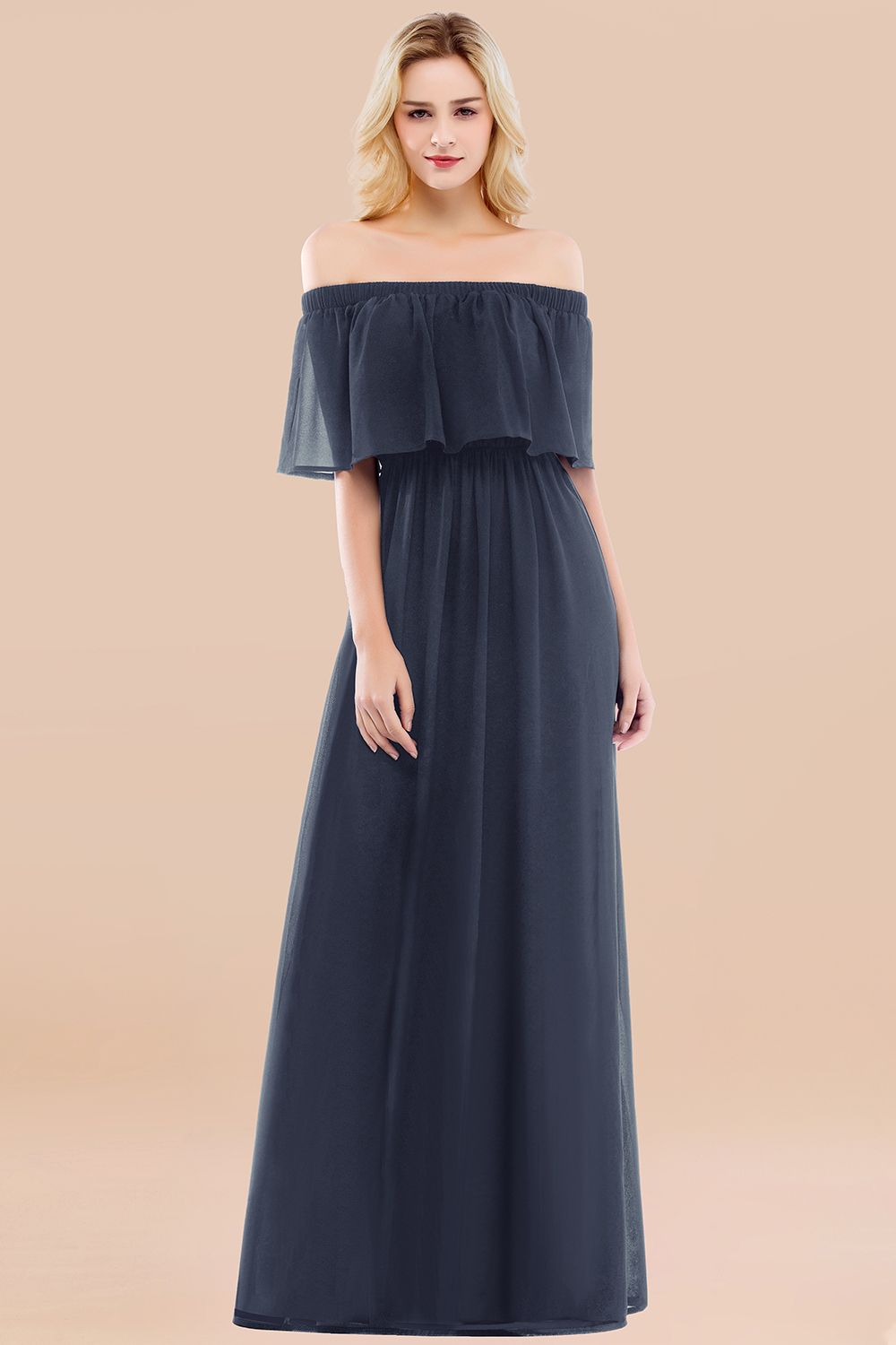 Vintage Off-the-Shoulder Long Burgundy Bridesmaid Dress with Ruffle-Babyonlines
