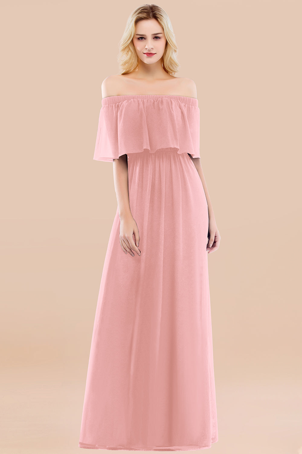 Vintage Off-the-Shoulder Long Burgundy Bridesmaid Dress with Ruffle-Babyonlines