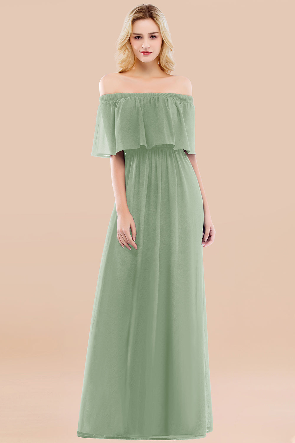Vintage Off-the-Shoulder Long Burgundy Bridesmaid Dress with Ruffle-Babyonlines