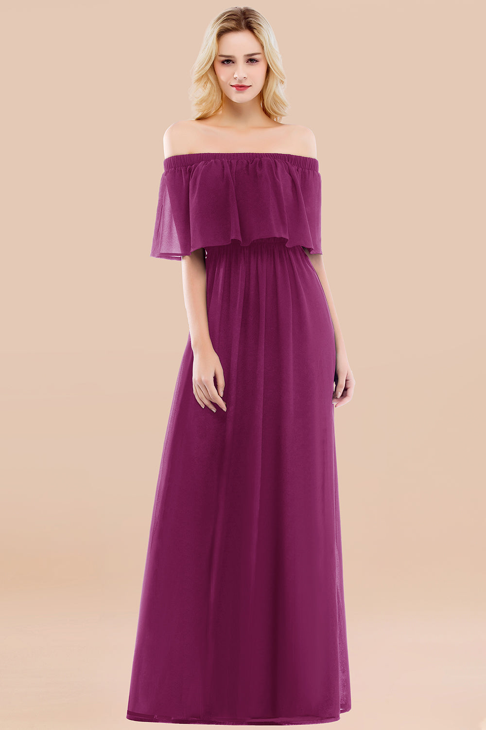 Vintage Off-the-Shoulder Long Burgundy Bridesmaid Dress with Ruffle-Babyonlines