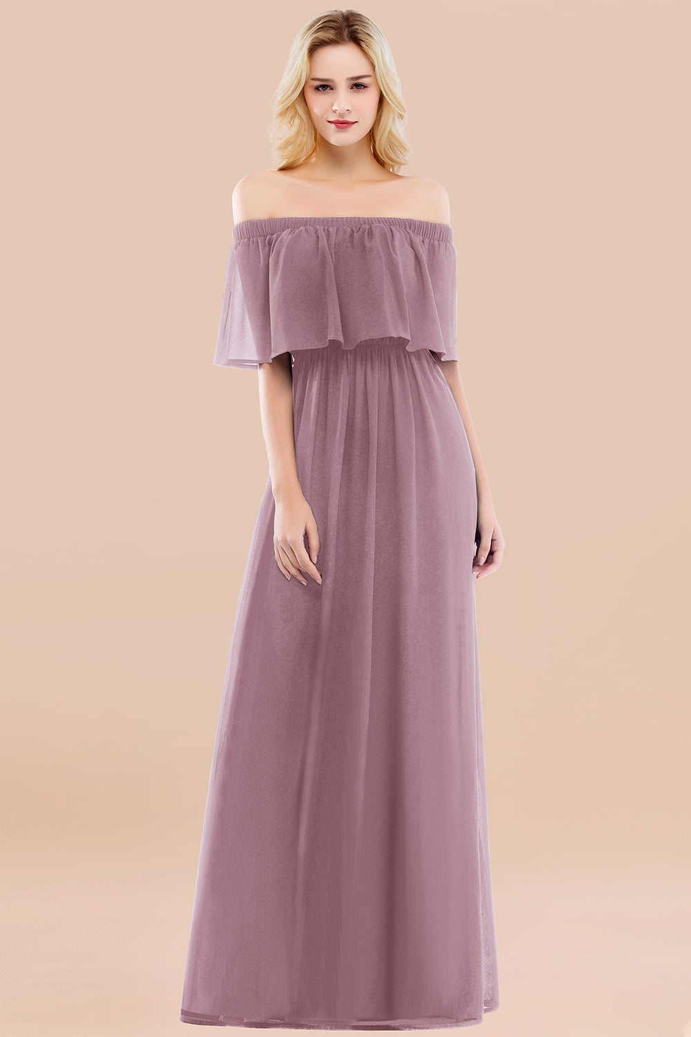 Vintage Off-the-Shoulder Long Burgundy Bridesmaid Dress with Ruffle-Babyonlines