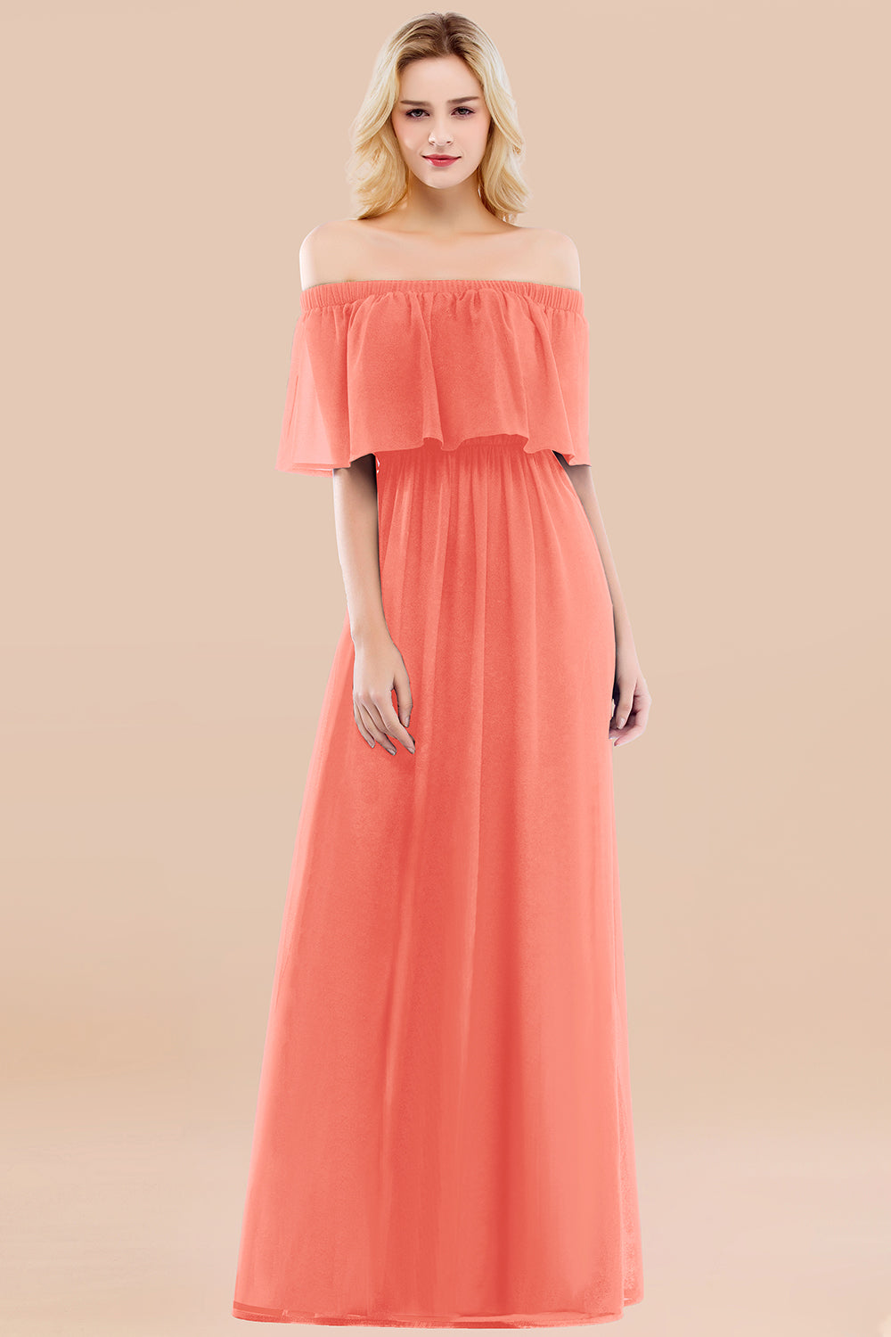 Vintage Off-the-Shoulder Long Burgundy Bridesmaid Dress with Ruffle-Babyonlines