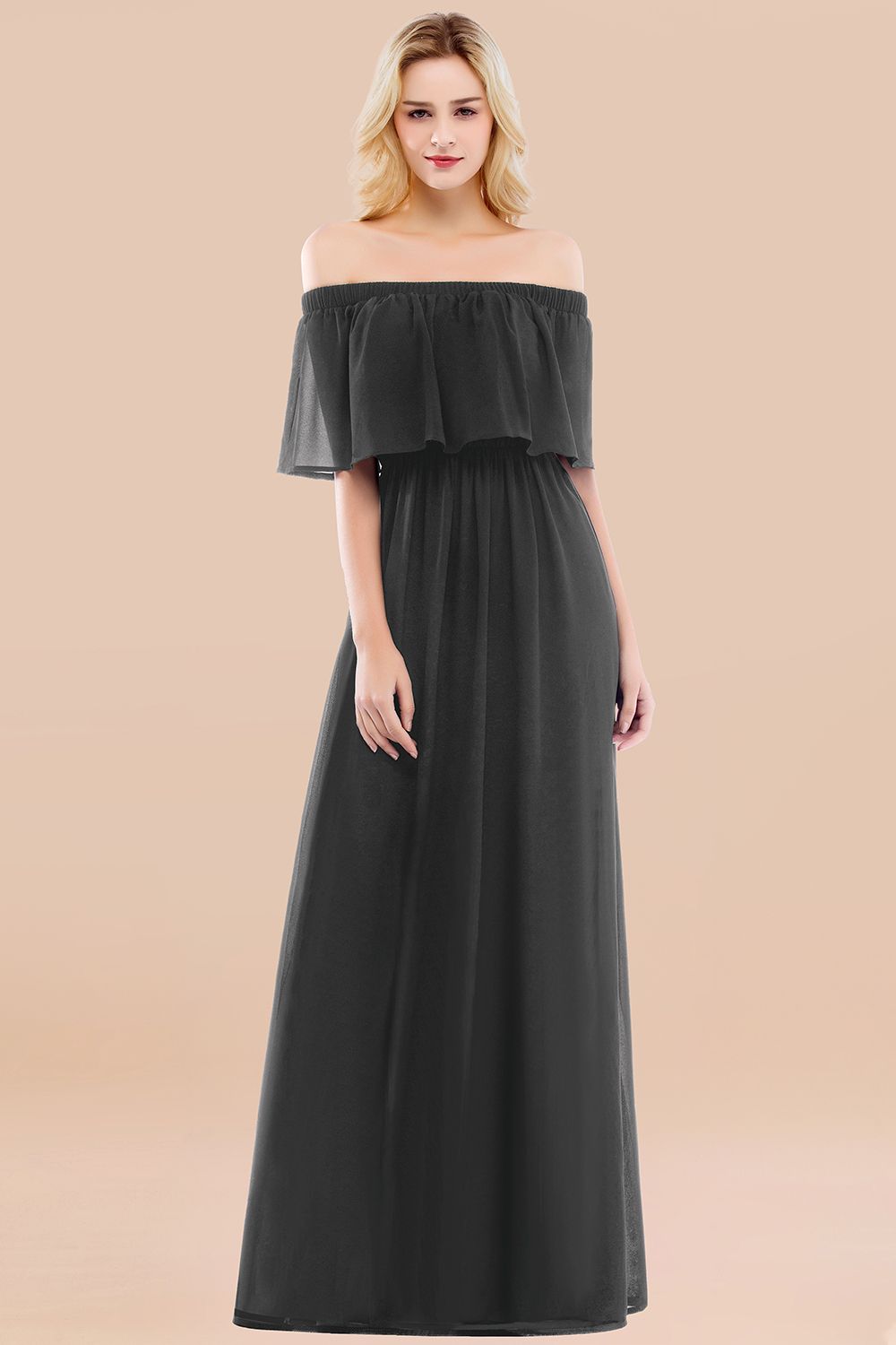 Vintage Off-the-Shoulder Long Burgundy Bridesmaid Dress with Ruffle-Babyonlines