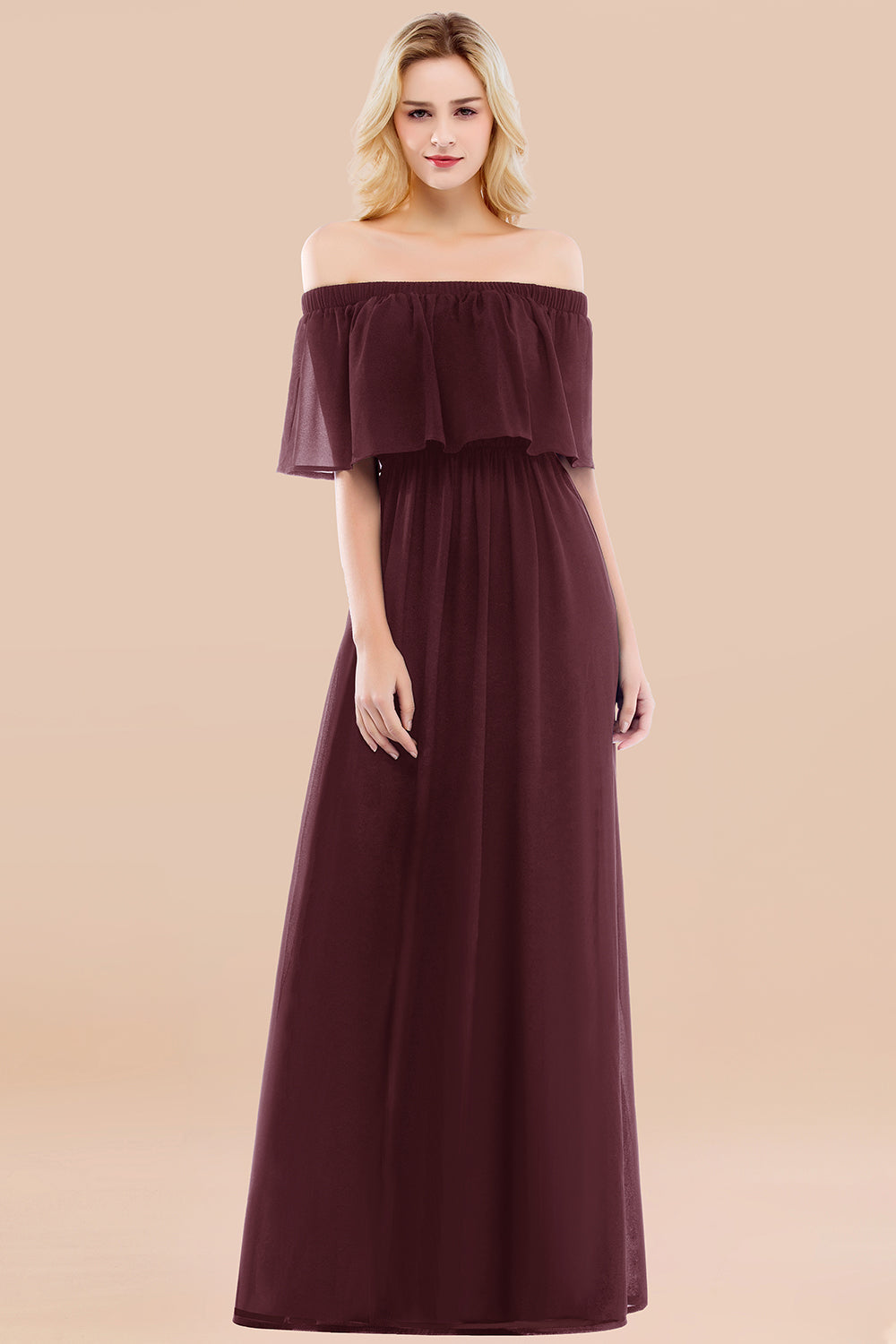 Vintage Off-the-Shoulder Long Burgundy Bridesmaid Dress with Ruffle-Babyonlines