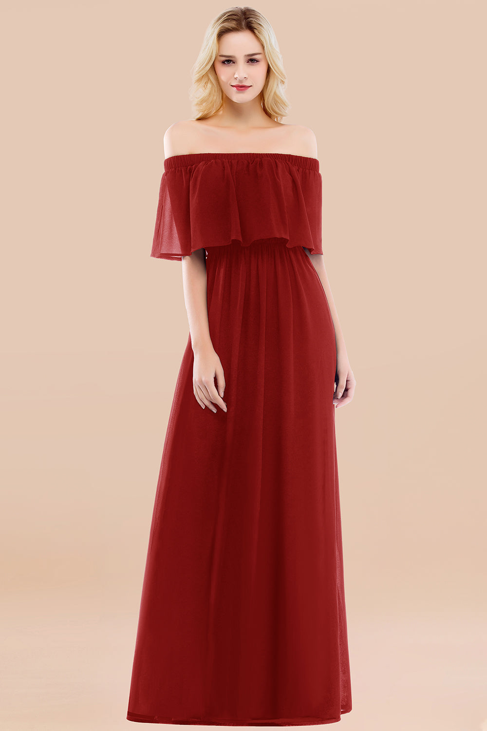 Vintage Off-the-Shoulder Long Burgundy Bridesmaid Dress with Ruffle-Babyonlines
