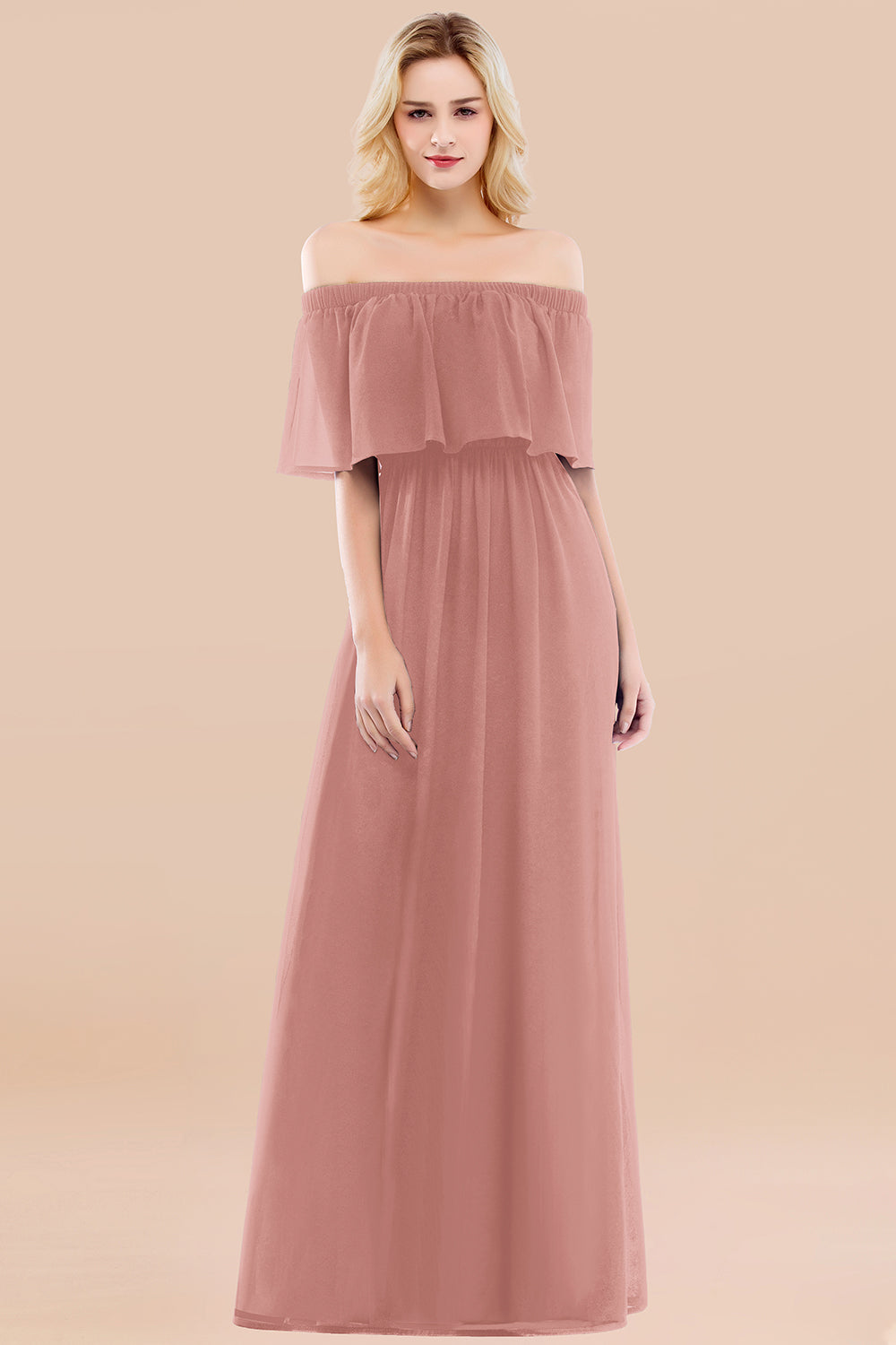 Vintage Off-the-Shoulder Long Burgundy Bridesmaid Dress with Ruffle-Babyonlines