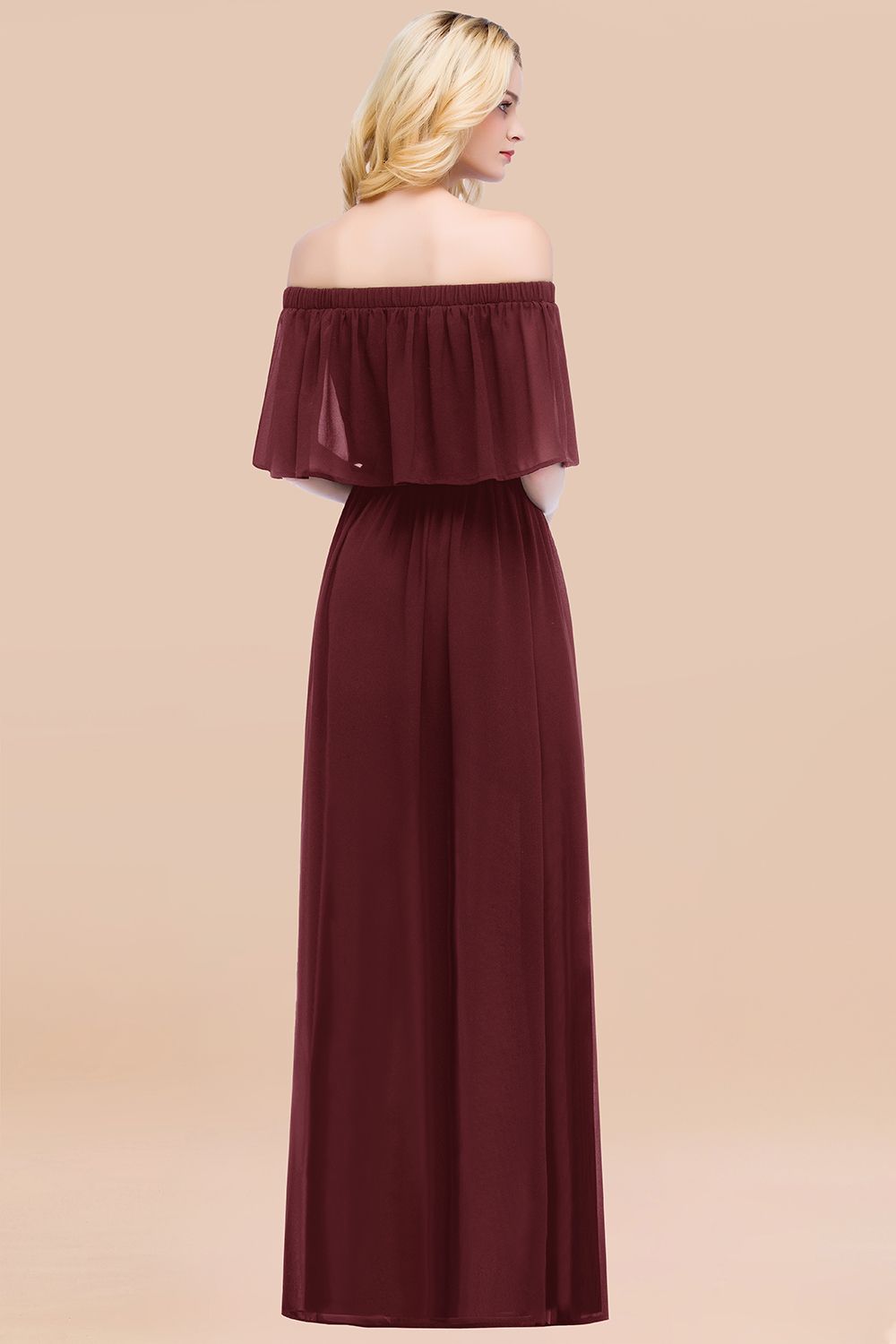 Vintage Off-the-Shoulder Long Burgundy Bridesmaid Dress with Ruffle-Babyonlines