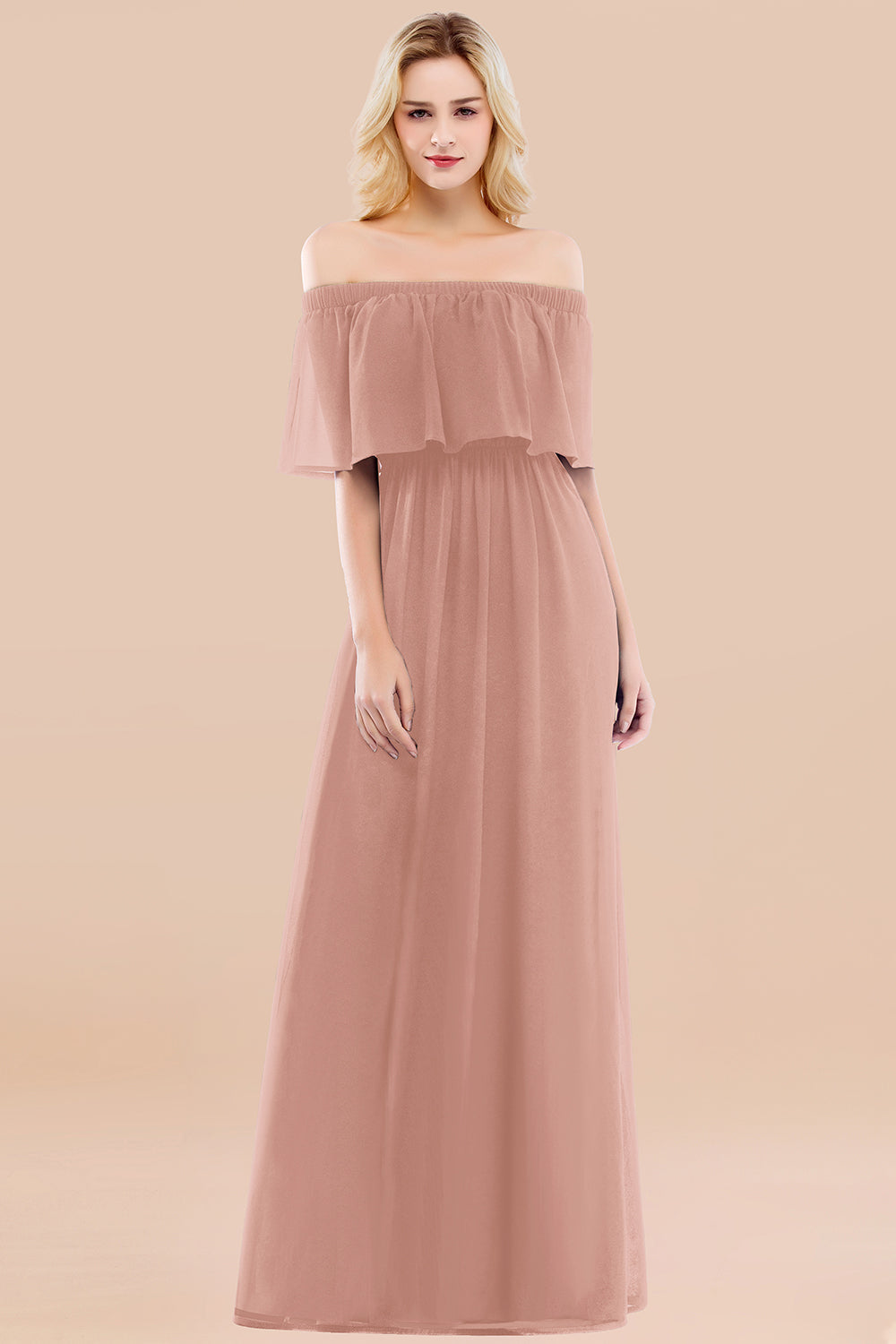 Vintage Off-the-Shoulder Long Burgundy Bridesmaid Dress with Ruffle-Babyonlines