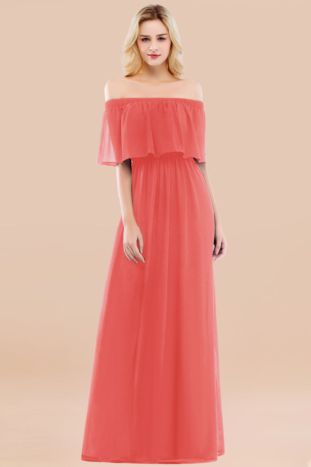Vintage Off-the-Shoulder Long Burgundy Bridesmaid Dress with Ruffle-Babyonlines