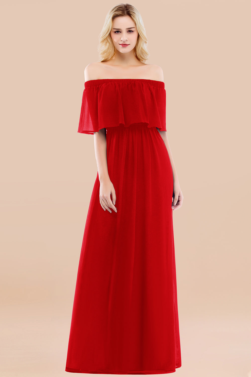 Vintage Off-the-Shoulder Long Burgundy Bridesmaid Dress with Ruffle-Babyonlines