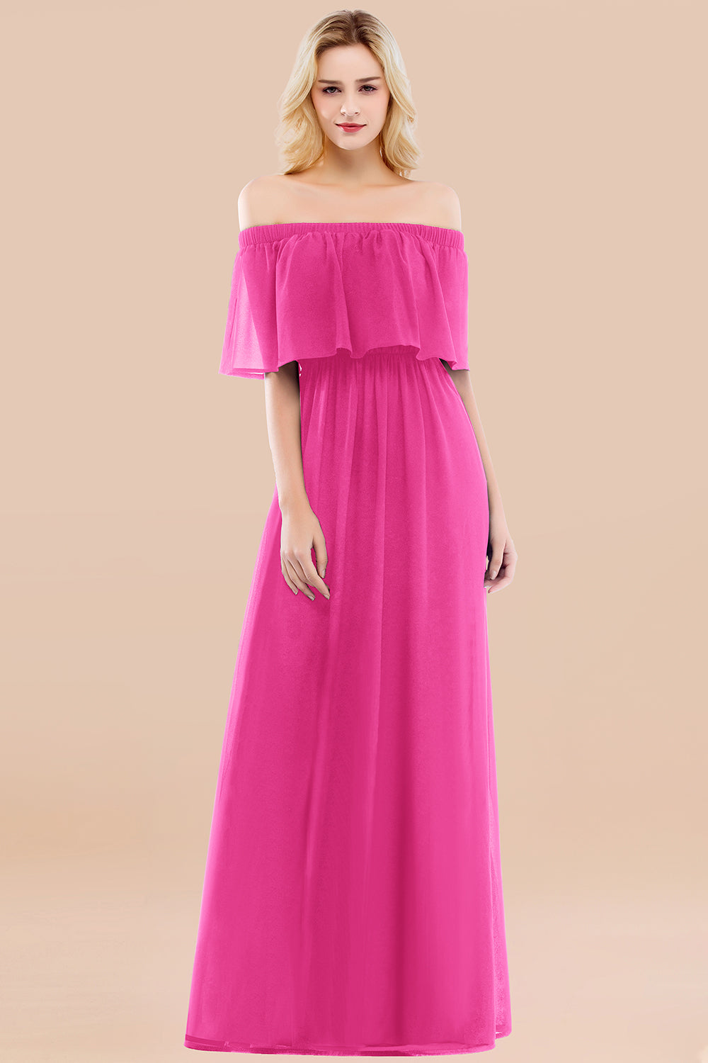 Vintage Off-the-Shoulder Long Burgundy Bridesmaid Dress with Ruffle-Babyonlines