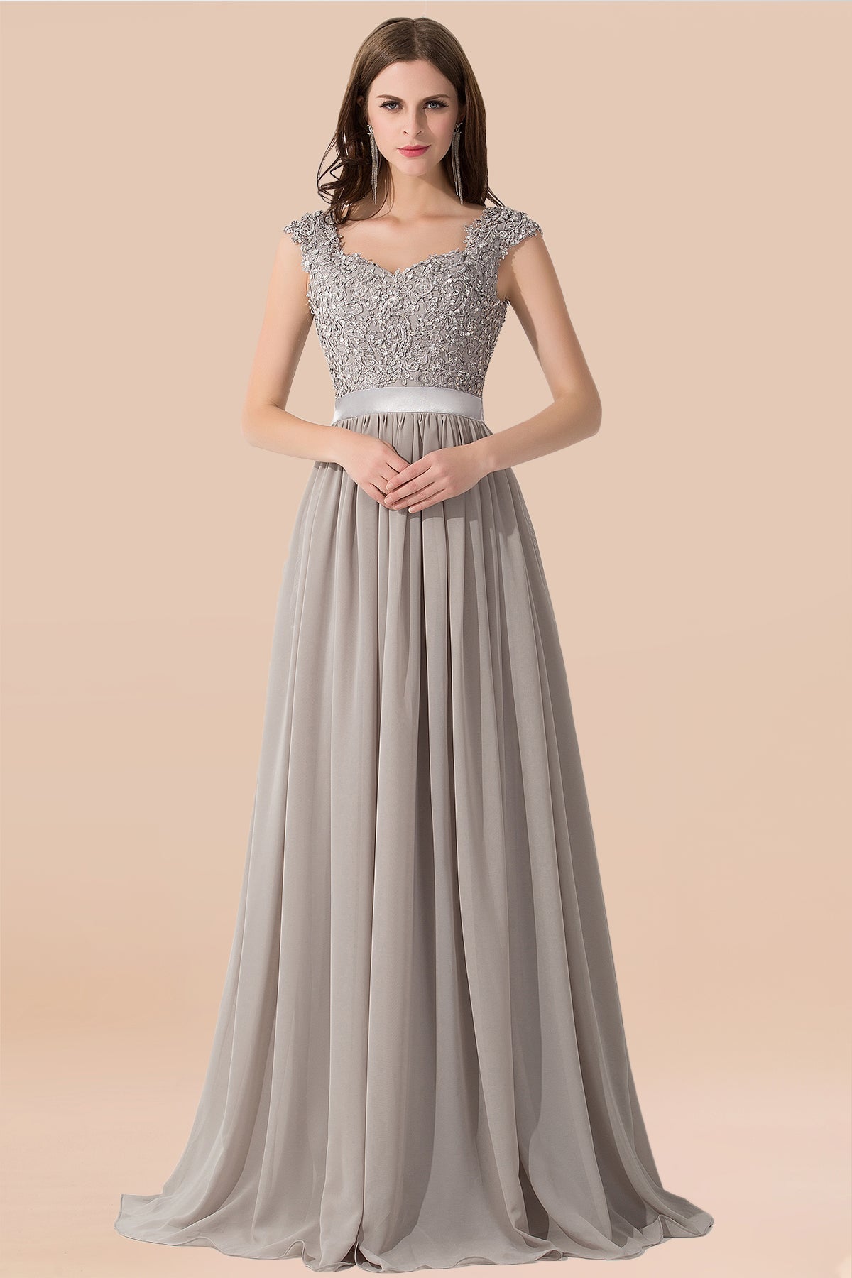 Vintage Silver Sleeveless Long Bridesmaid Dress With Appliques-Babyonlines