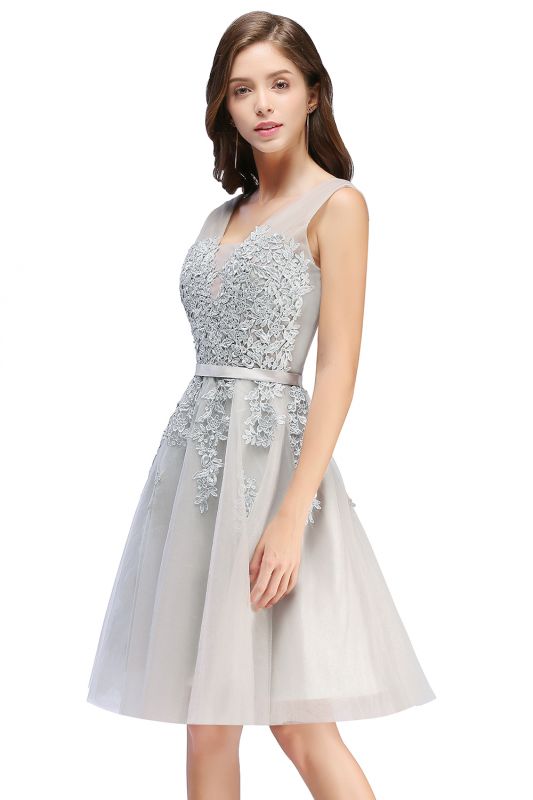 Appliques V-Neck Silver Puffy Elegant Lace Short Homecoming Dresses