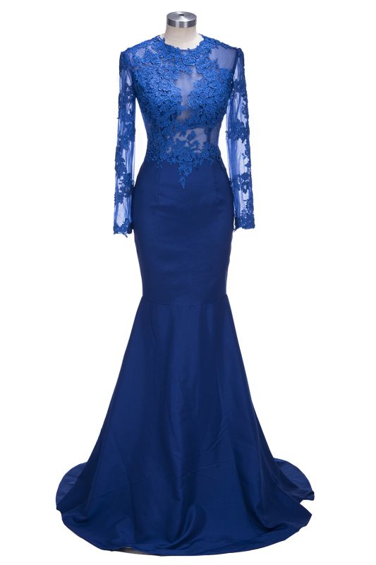 Royal Blue Mermaid Prom Dresses 2021 Long Sleeves Lace Illusion Top Sexy Evening Gowns
