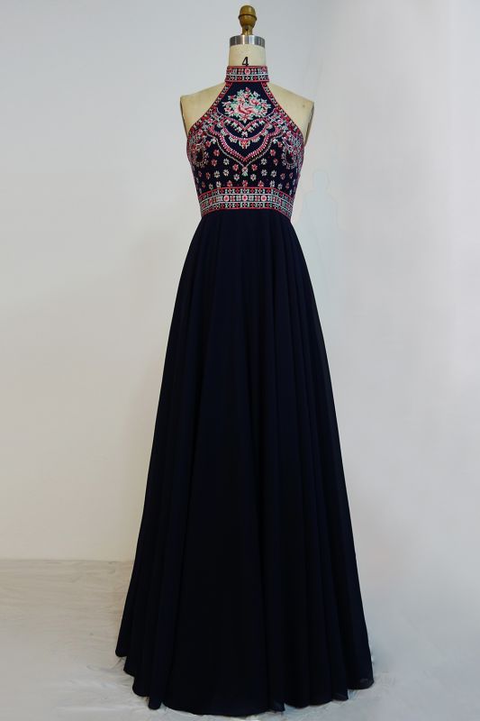 Elegant Halter Embroidery A-Line Chiffon Prom Dress | Sexy Long Evening Dresses Open Back
