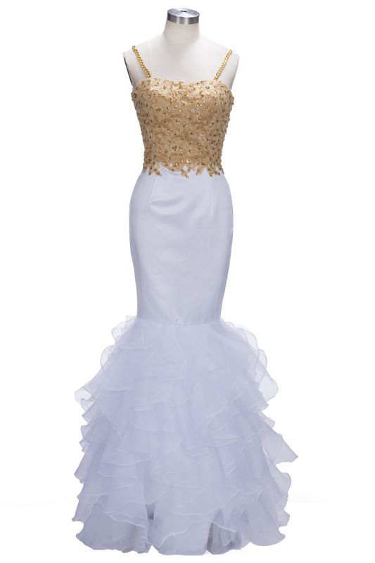 Amazing Gold White Prom Dresses 2021 Spaghettis Straps Sleeveless Mermaid Evening Gowns