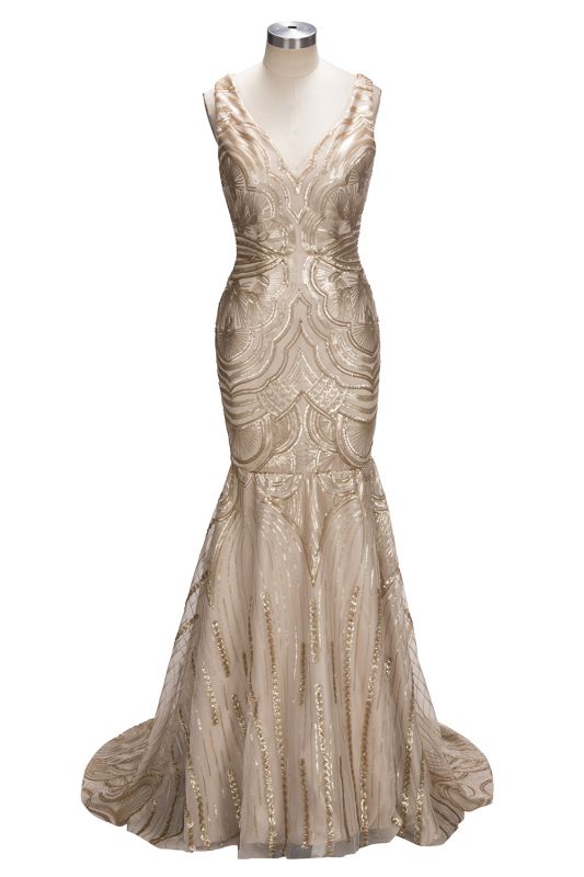 V-neck Mermaid Sleeveless Champagne Sexy Sequins Deep Gold Evening Gown