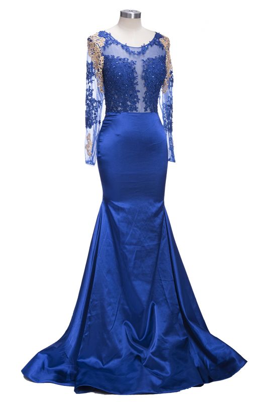 Gold-Appliques Sheer Mermaid Long-Sleeves Navy-Blue Prom Dresses